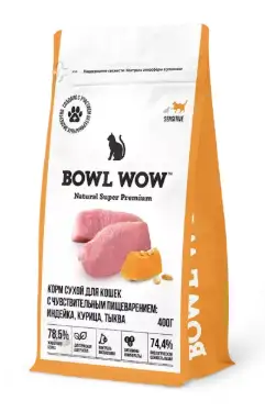 BOWL WOW cухой корм для взрослых кошек с чувствительным пищеварением с индейкой, курицей и тыквой