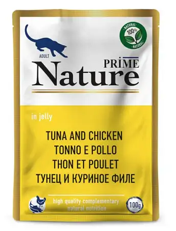 Купить prime nature корм влажный для взрослых кошек с тунцом и куриным филе (пауч)