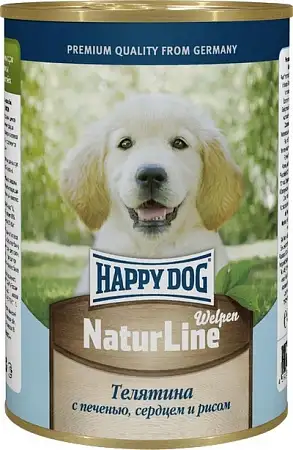 Купить happy dog консервы для щенков: нежная телятина, печень, сердце и рис