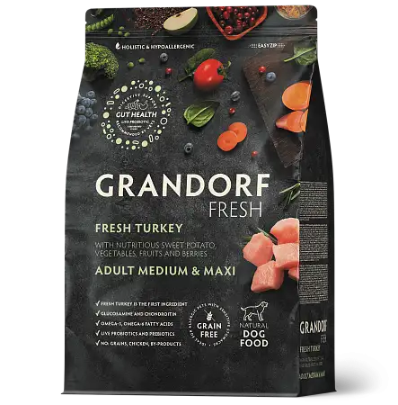 Купить grandorf fresh сухой беззерновой корм для взрослых собак средних и крупных пород с живыми пробиотиками, индейка с бататом