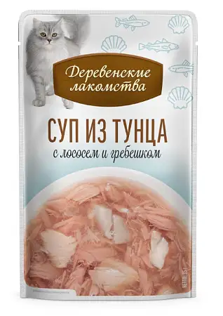 Купить Деревенские лакомства набор паучей для кошек Суп из тунца с лососем и гребешком 4х35