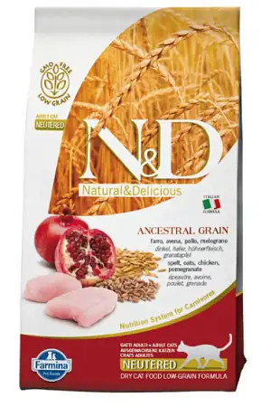 Купить farmina n&d ancestral grain низкозерновой корм для стерилизованных кошек (курица с гранатом)