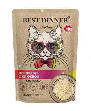Best Dinner Holistic влажный корм для стерилизованных кошек филе в желе с цыпленком и клюквой(пауч)