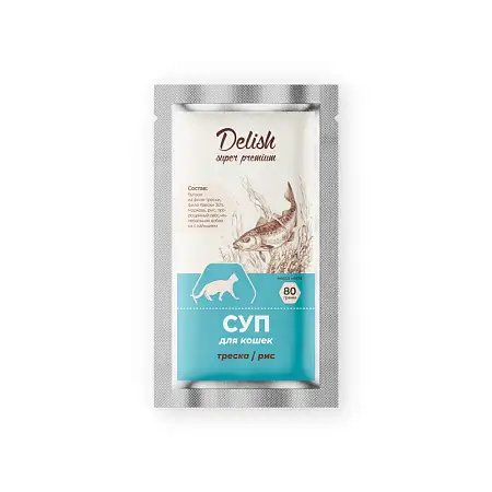 Купить delish super premium суп для взрослых кошек треска/рис (пауч)
