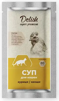 Delish super premium суп для взрослых кошек с курицей и овощами (пауч)