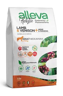 Alleva holistic dog сухой корм для взрослых собак средних и крупных пород с ягненком, олениной, коноплей и женьшенем